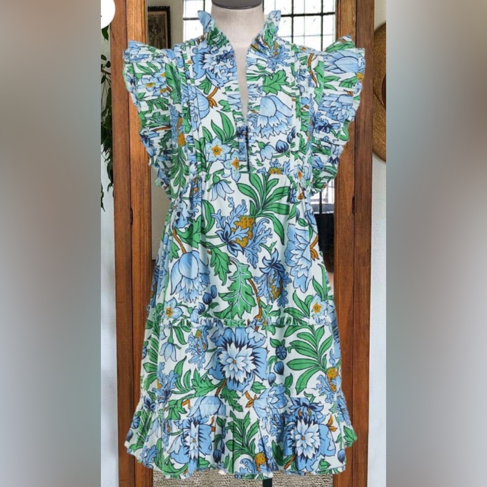 Blue and Green Floral Mini Dress – Ruffle Sleeves – Size 2X